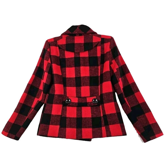 Rampage ~Woman Size M~ Scarlet Red/Caviar Plaid Buffalo Check Pea Coat Jacket. - Picture 3 of 11